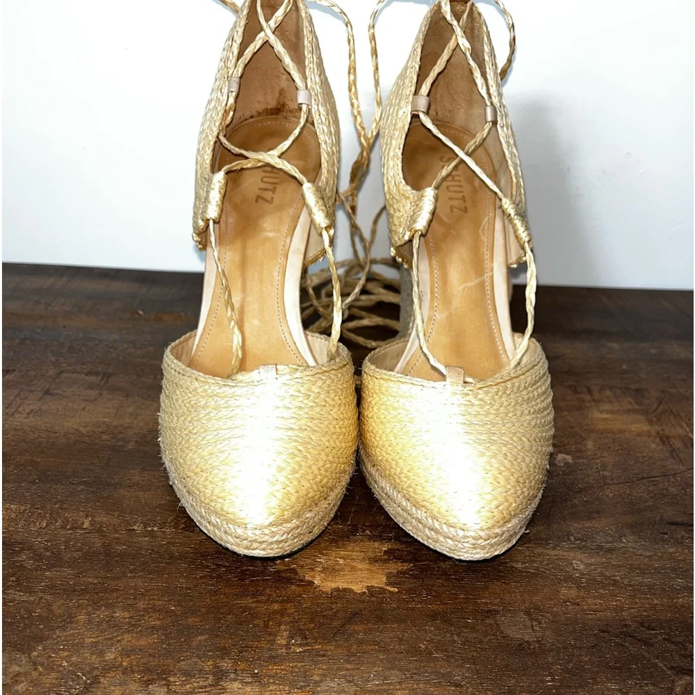 SCHUTZ Cream Espadrille Wedge Sandals with Ankle Tie